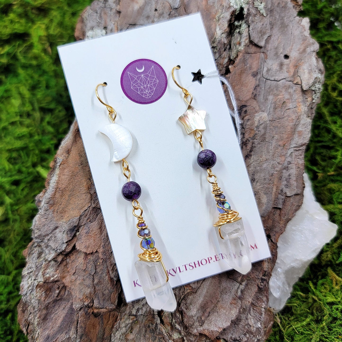 Celestial Quartz, Amethyst, Shell Moon & Star Earrings