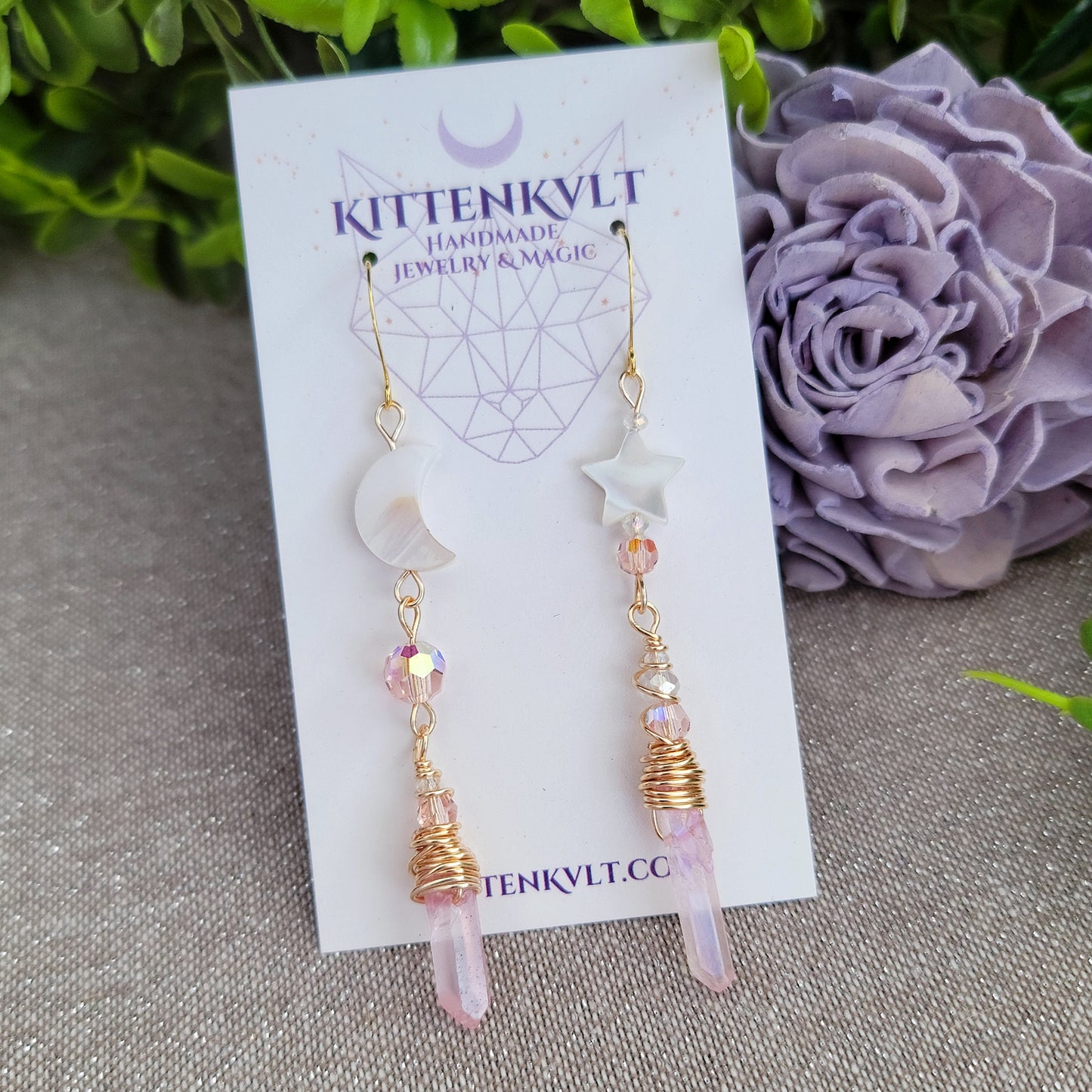 Pink Aura Quartz Celestial Shell Earrings