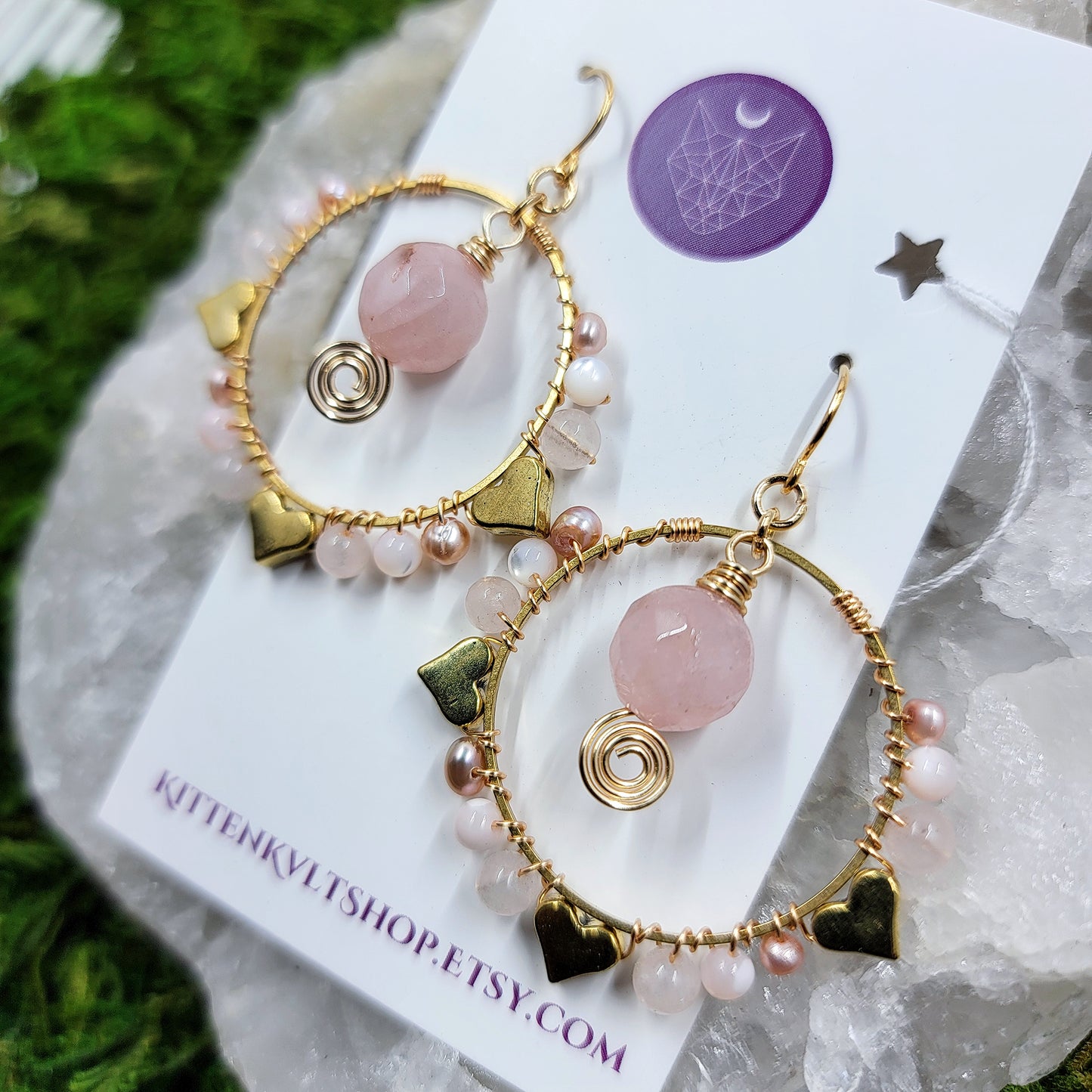 Rose Quartz, Pearl & Mother of Pearl Heart Earrings