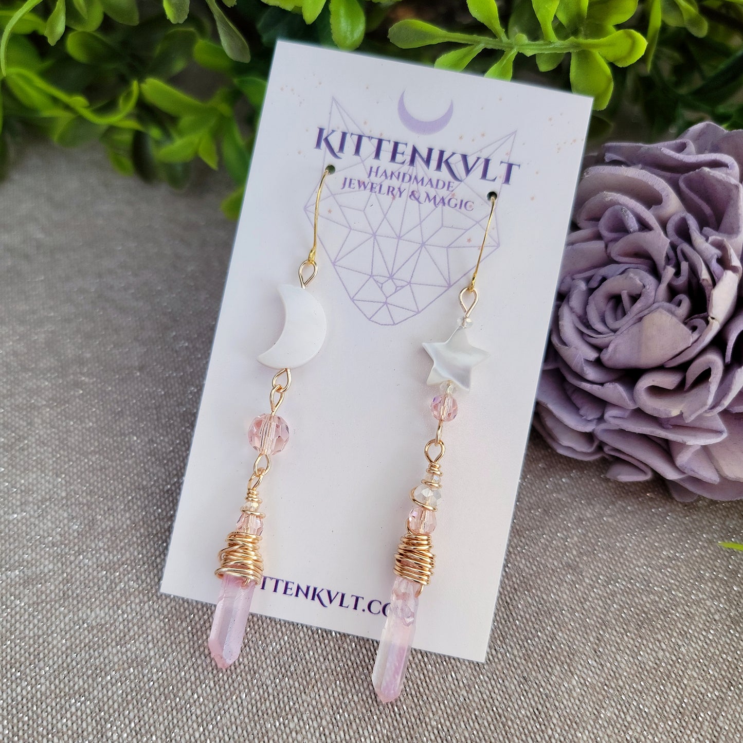 Pink Aura Quartz Celestial Shell Earrings