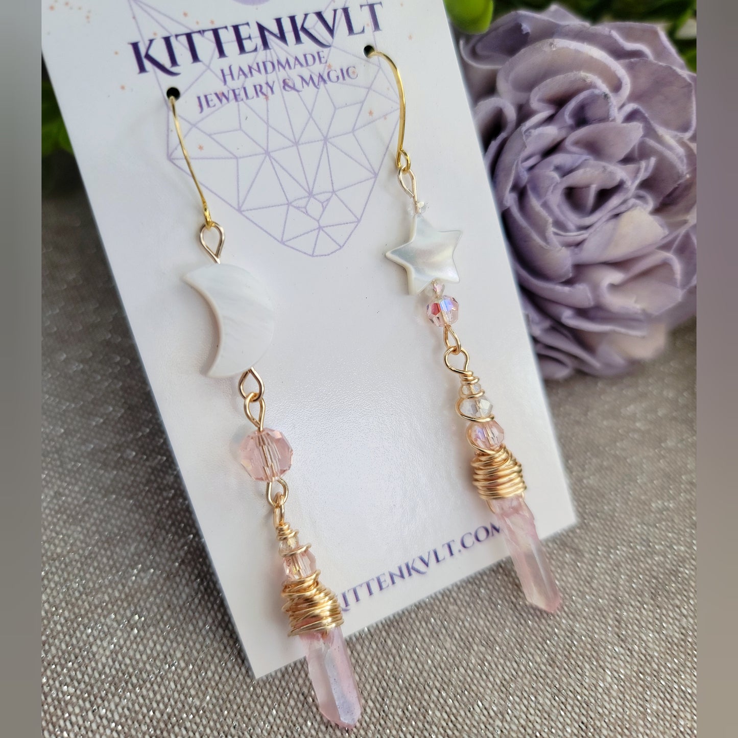 Pink Aura Quartz Celestial Shell Earrings