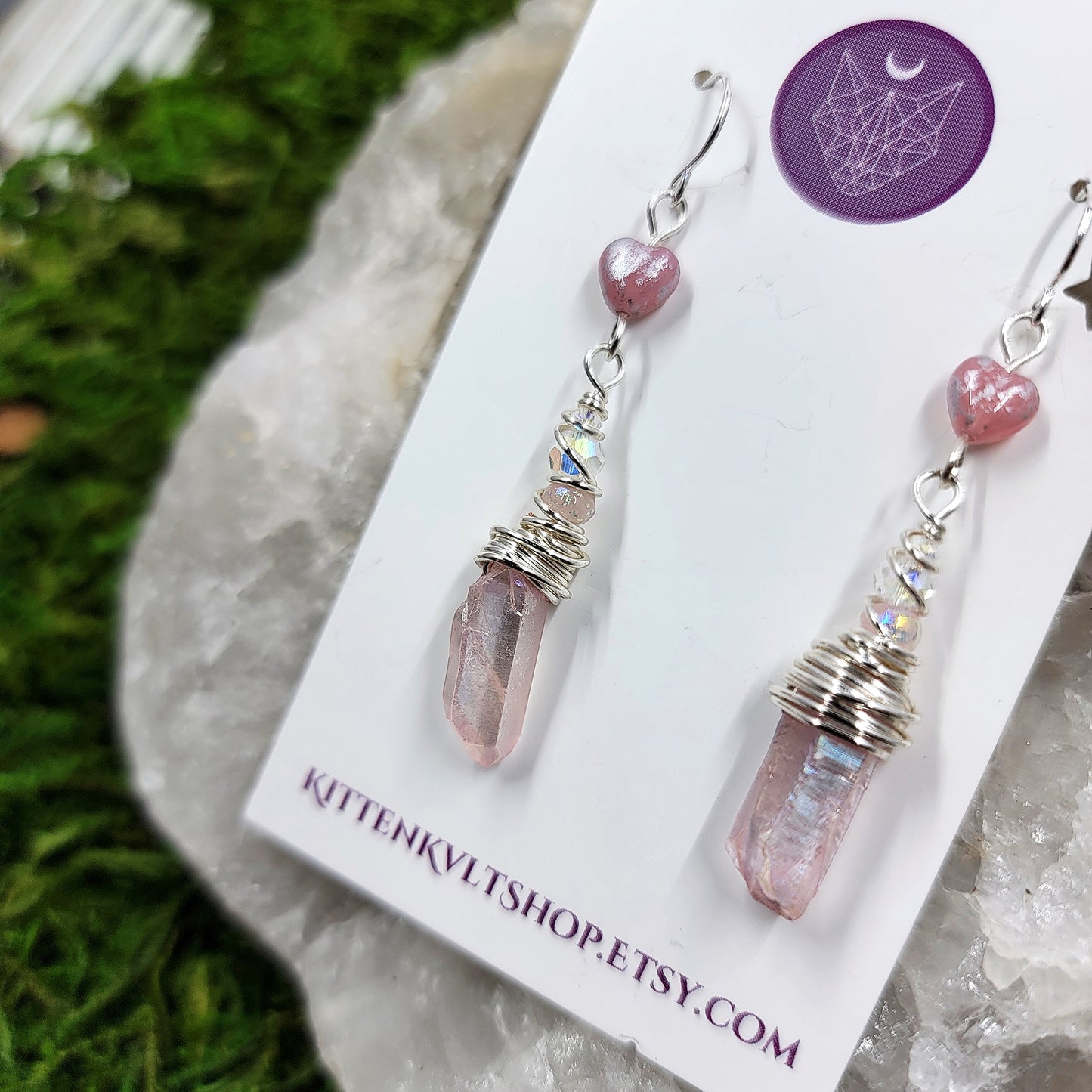 Pink Aura Quartz Heart Earrings