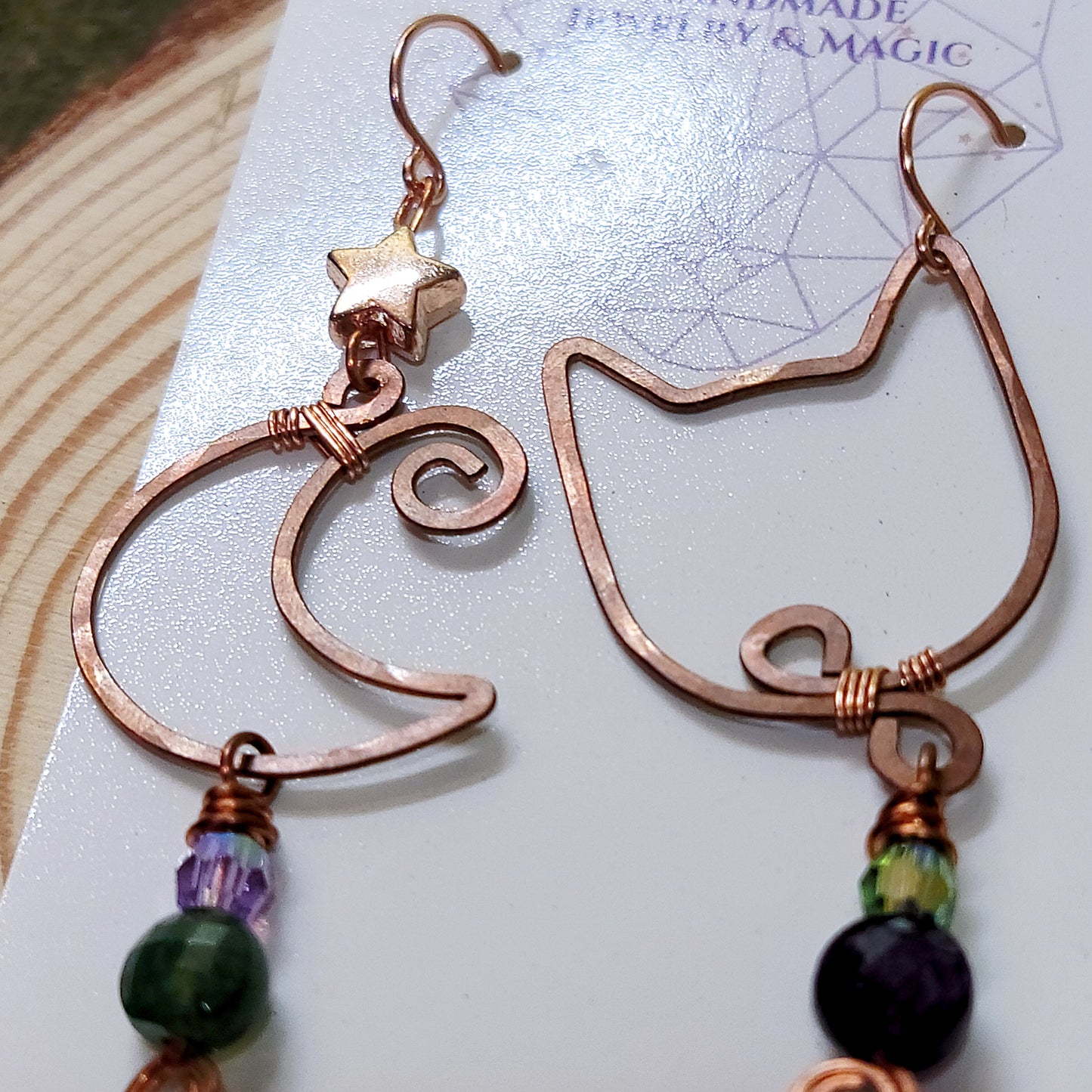 Amethyst & Moss Agate Cat and Moon Hammered Copper Earrings