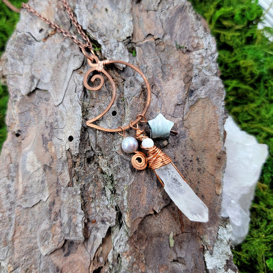 Sea Witch Copper Crystal Pearl Moon Necklace