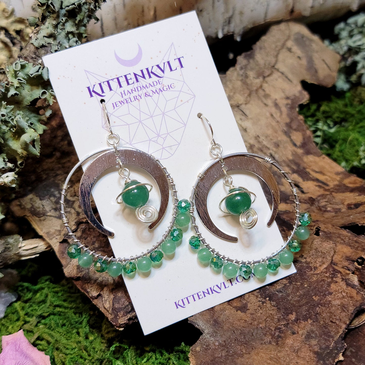 Green Aventurine Moon Planet Earrings