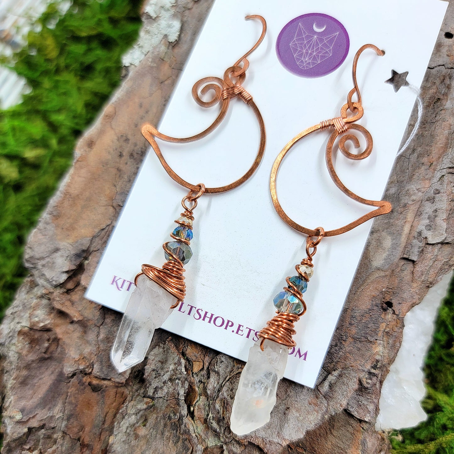 Quartz & Copper Moon Earrings