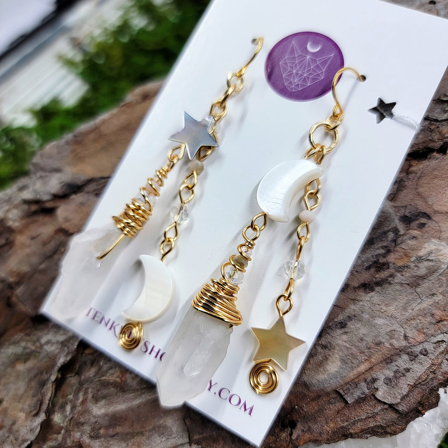 Celestial Quartz, Shell Moon & Star Earrings