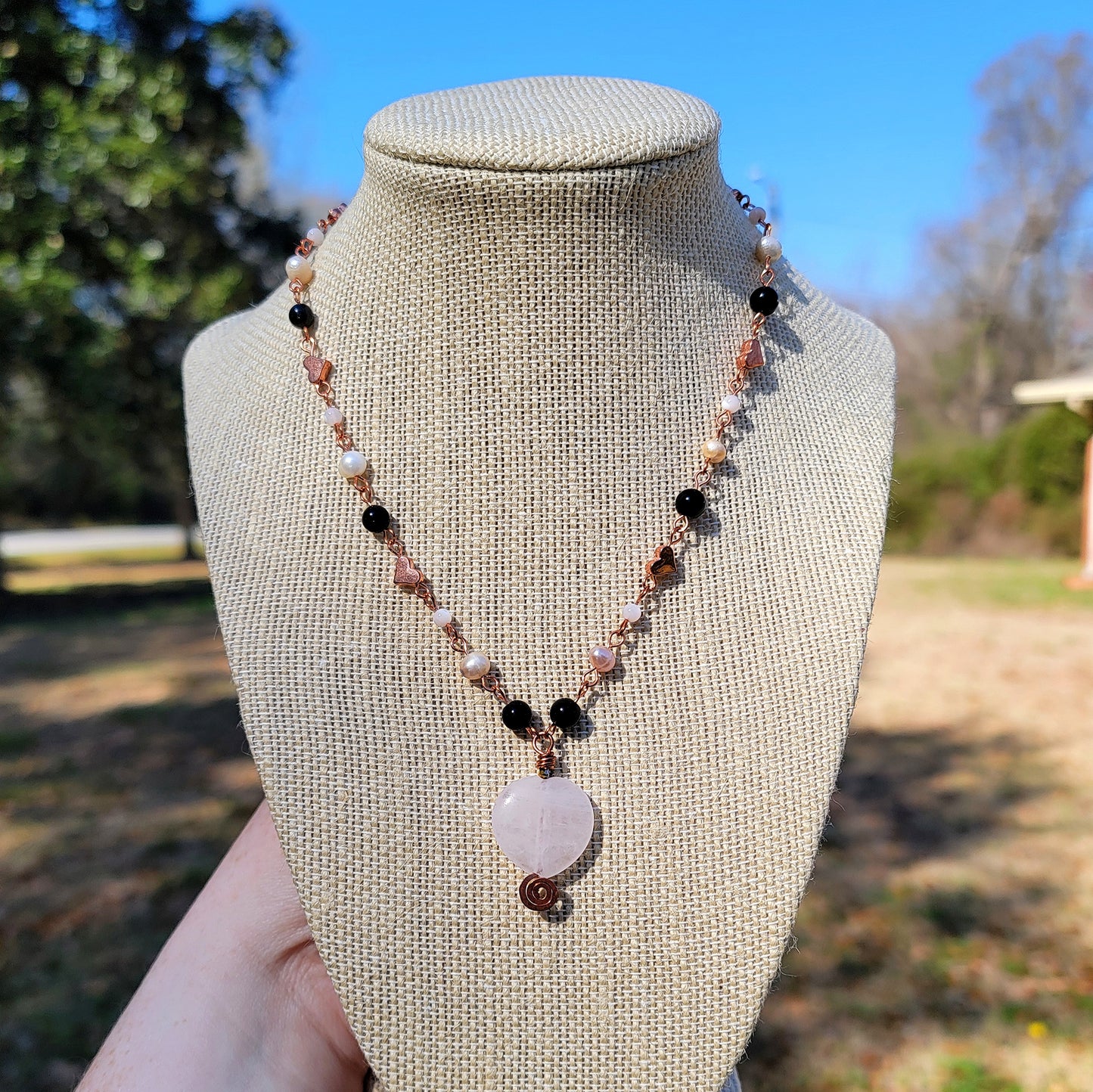 Rose Quartz Heart Copper Choker With Freshwater Pearls, Mother of Pearl & Onyx