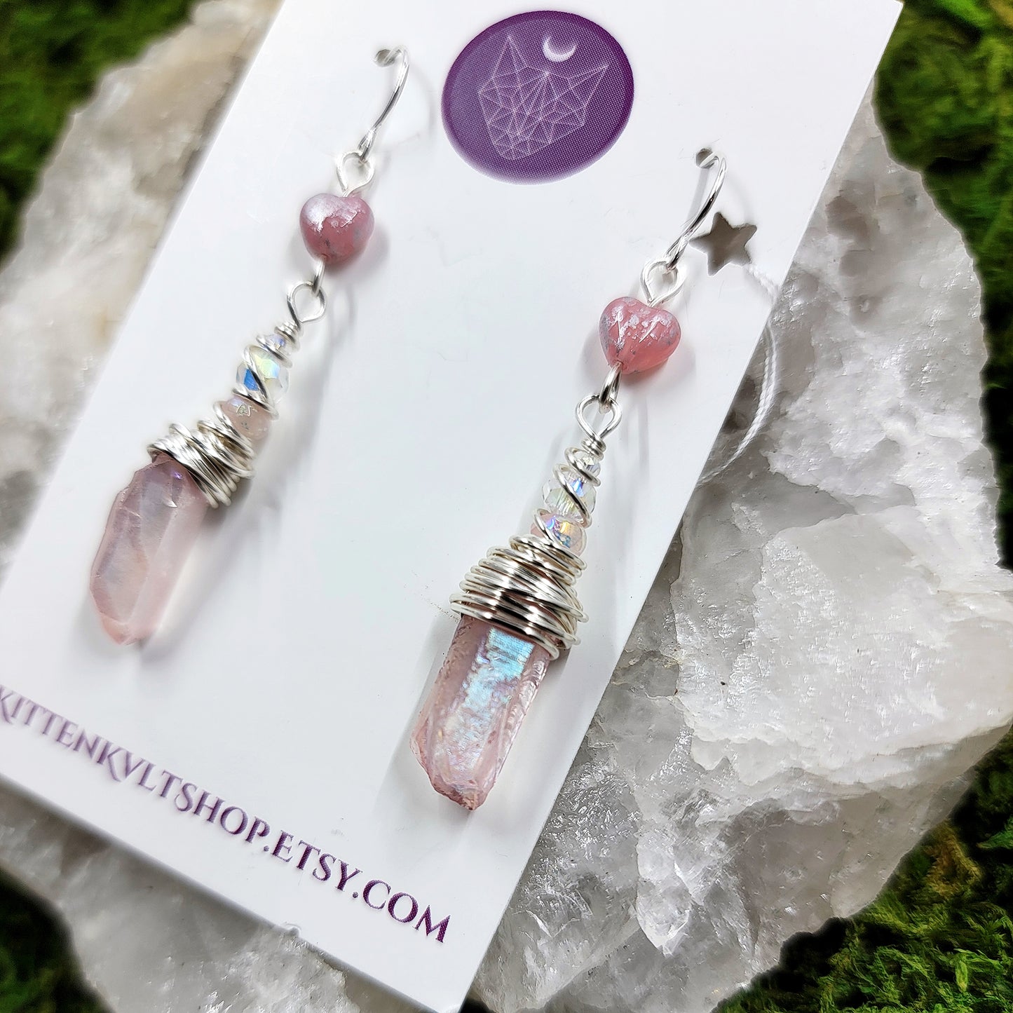 Pink Aura Quartz Heart Earrings