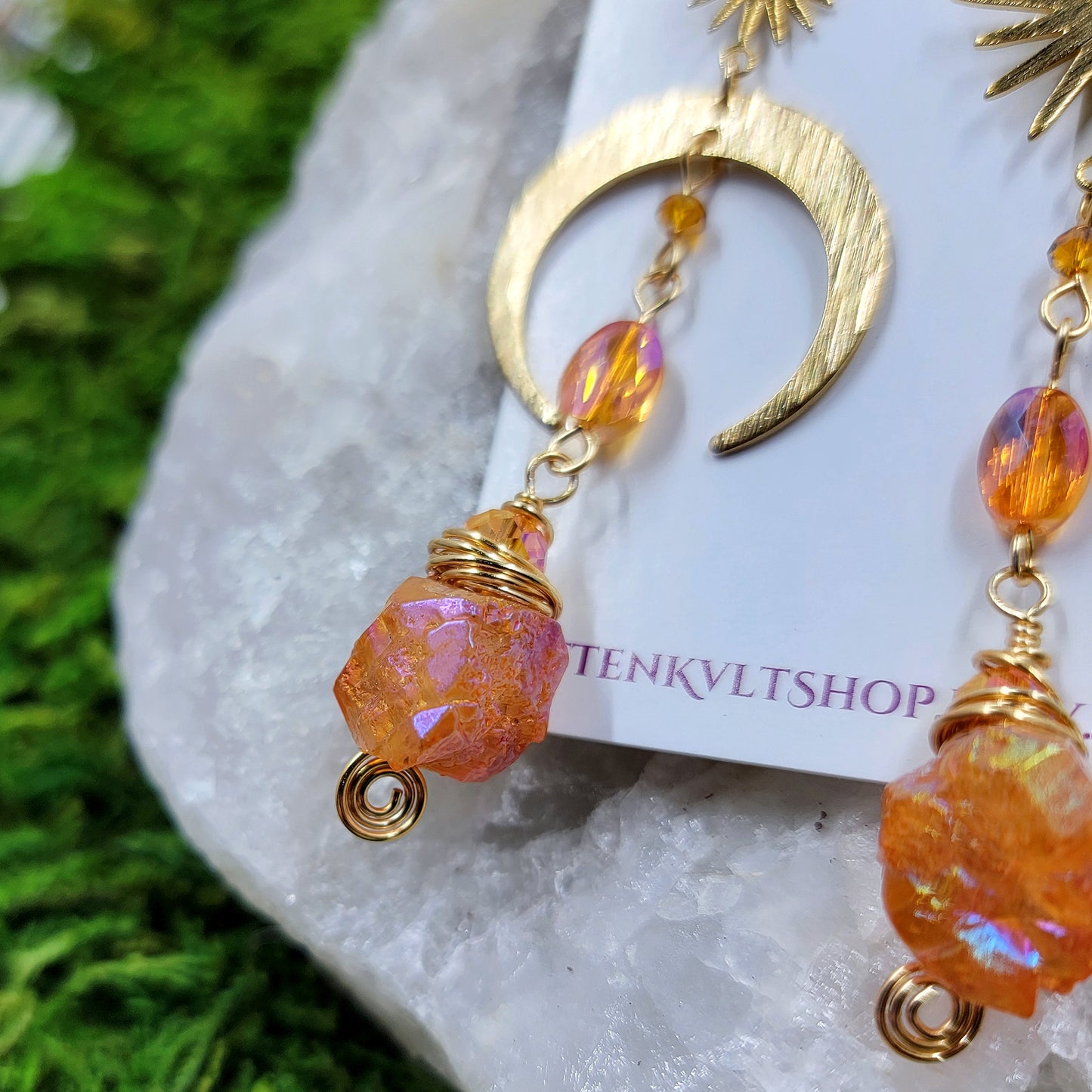 Orange Aura Quartz Moon & Star Mismatch Earrings