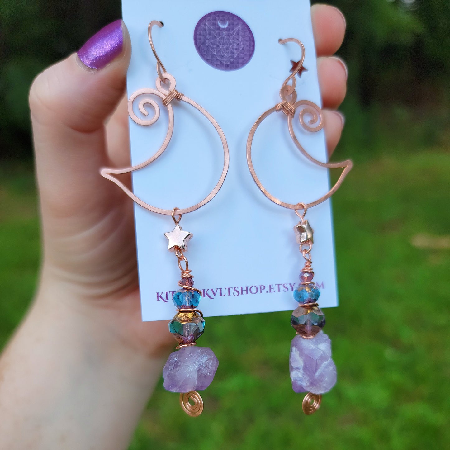 Ethereal Witchy Amethyst Moon Earrings, Hammered Copper Crystal Jewelry, Cosmic Space Witch Raw Amethyst Celestial Earrings