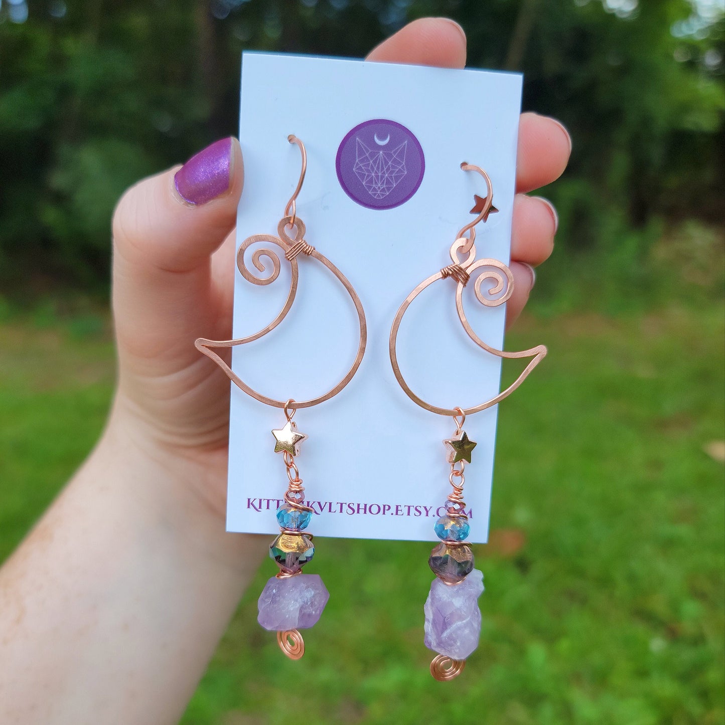 Ethereal Witchy Amethyst Moon Earrings, Hammered Copper Crystal Jewelry, Cosmic Space Witch Raw Amethyst Celestial Earrings