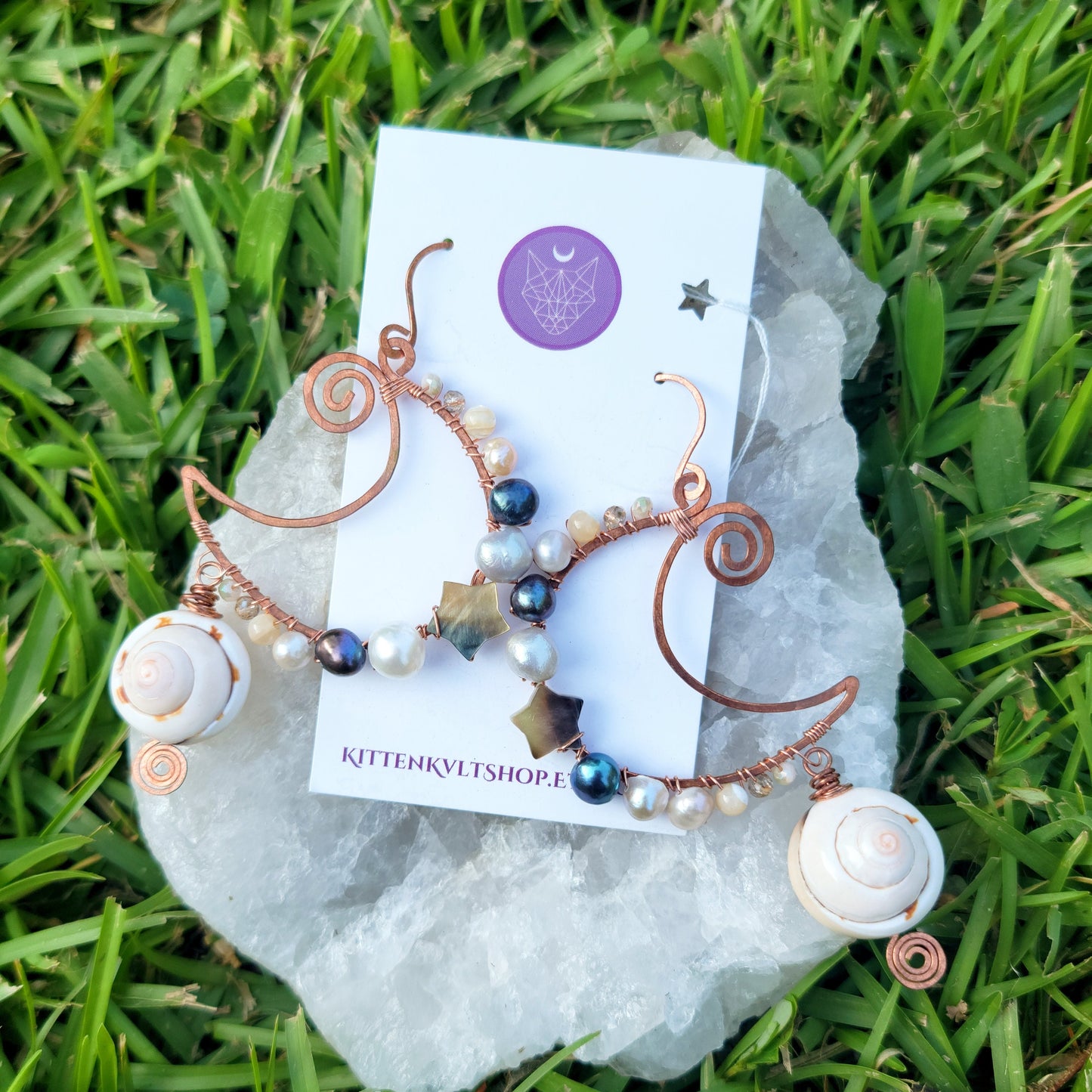 Sea Witch Pearl & Abalone Shell Moon Earrings, Water Witch Crystal Earrings, Abalone Shell Mother of Pearl Freshwater Pearl Copper Earrings