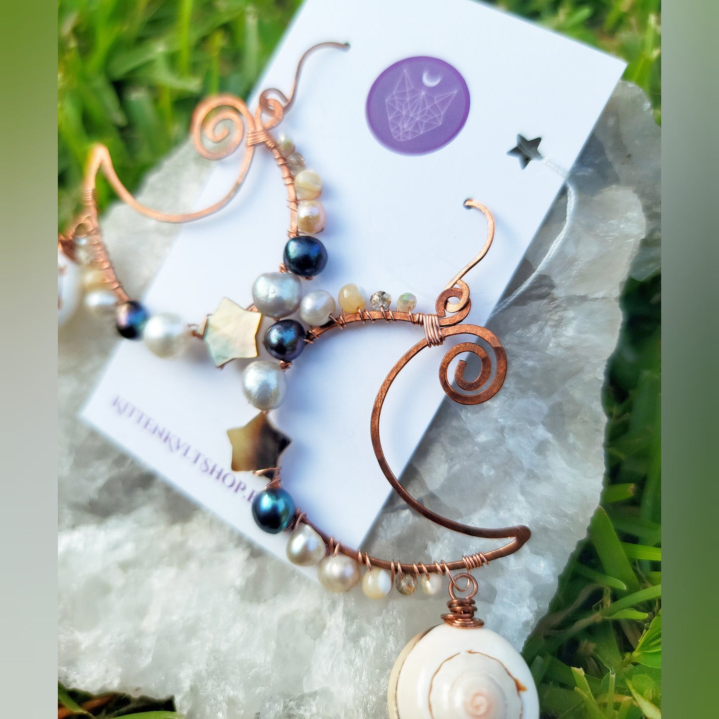 Sea Witch Pearl & Abalone Shell Moon Earrings, Water Witch Crystal Earrings, Abalone Shell Mother of Pearl Freshwater Pearl Copper Earrings