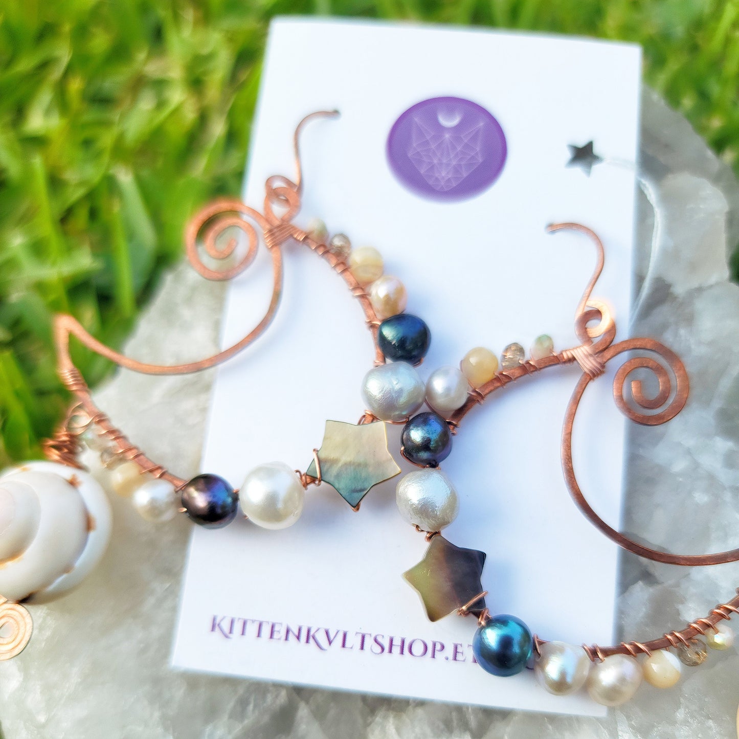 Sea Witch Pearl & Abalone Shell Moon Earrings, Water Witch Crystal Earrings, Abalone Shell Mother of Pearl Freshwater Pearl Copper Earrings