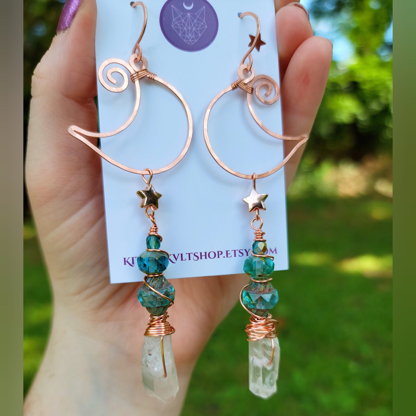 Ethereal Witchy Quartz Moon Earrings, Hammered Copper Crystal Jewelry, Cosmic Space Witch Quartz Celestial Earrings