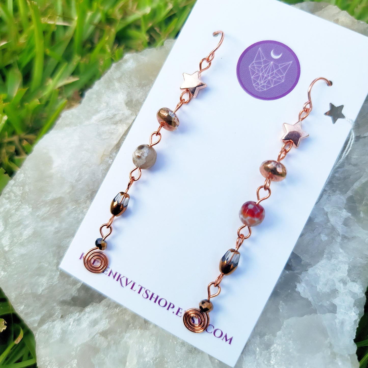 Celestial Agate & Copper Star Earrings, Hammered Copper Crystal Jewelry, Cosmic Space Witch Agate Celestial Cosmic Star Earrings