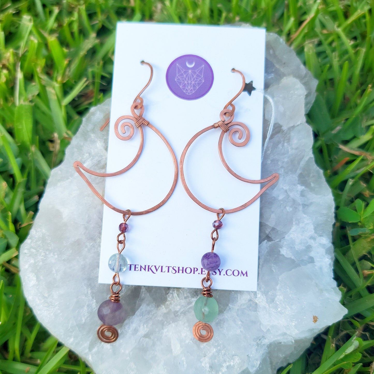 Ethereal Witchy Rainbow Fluorite Moon Earrings, Hammered Copper Crystal Jewelry, Cosmic Space Witch Elegant Fluorite Celestial Earrings