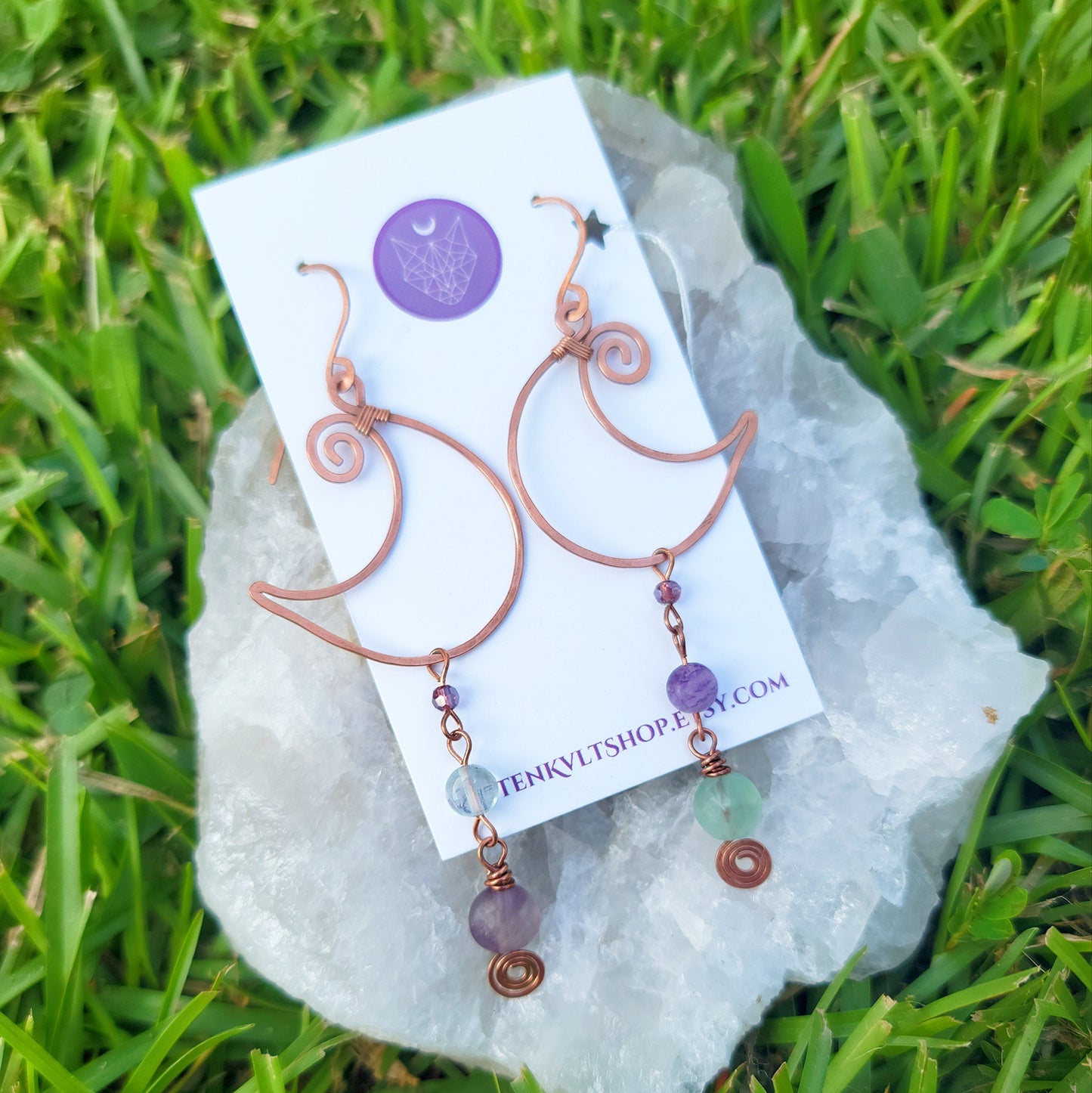 Ethereal Witchy Rainbow Fluorite Moon Earrings, Hammered Copper Crystal Jewelry, Cosmic Space Witch Elegant Fluorite Celestial Earrings