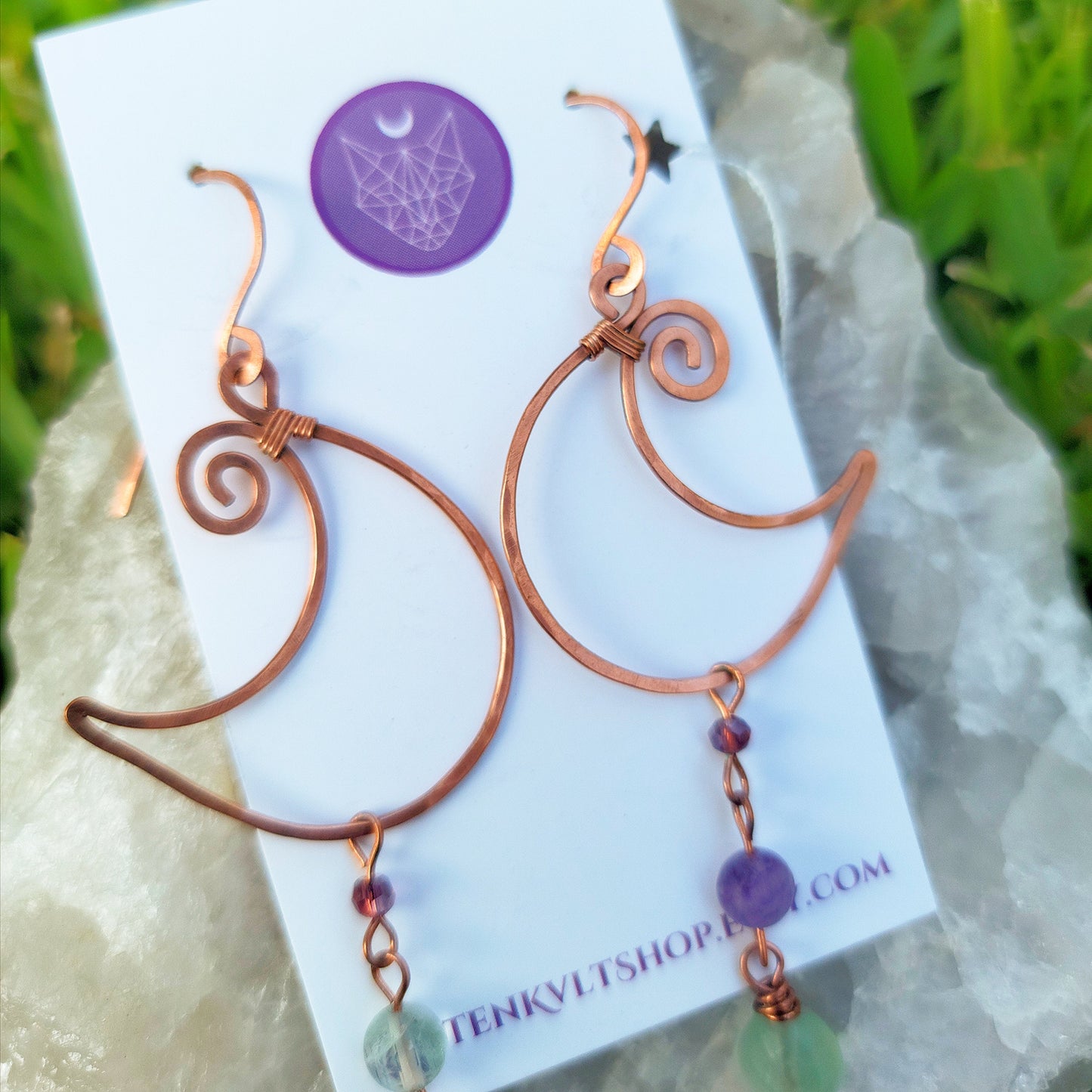 Ethereal Witchy Rainbow Fluorite Moon Earrings, Hammered Copper Crystal Jewelry, Cosmic Space Witch Elegant Fluorite Celestial Earrings