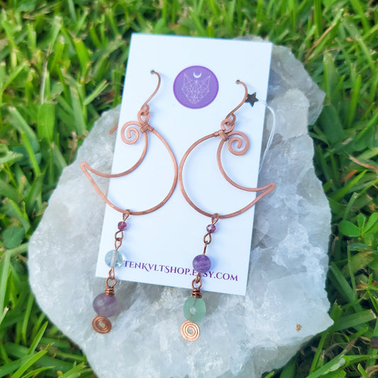 Ethereal Witchy Rainbow Fluorite Moon Earrings, Hammered Copper Crystal Jewelry, Cosmic Space Witch Elegant Fluorite Celestial Earrings