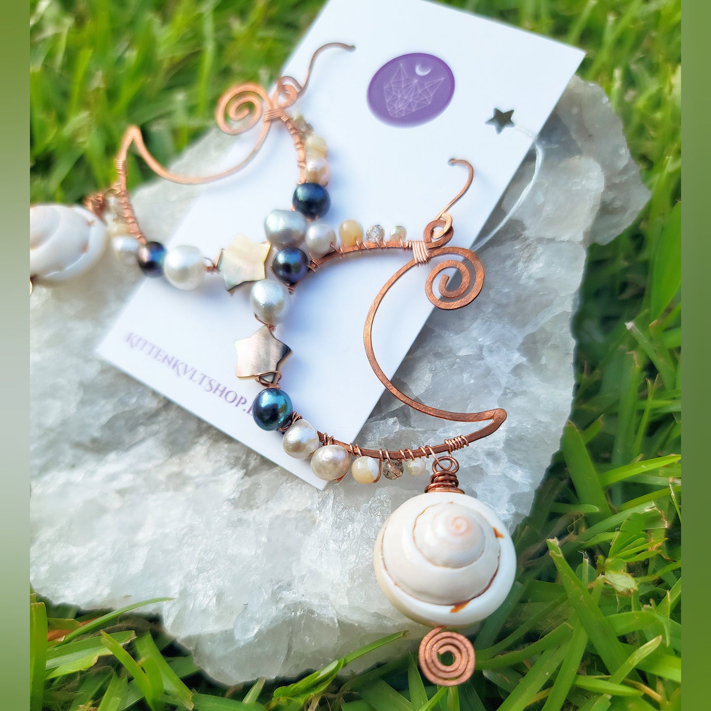 Sea Witch Pearl & Abalone Shell Moon Earrings, Water Witch Crystal Earrings, Abalone Shell Mother of Pearl Freshwater Pearl Copper Earrings