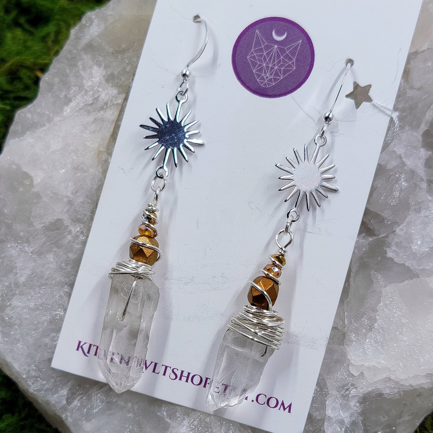 Mystical Celestial Quartz Sun Star Earrings, Ethereal Fairy Crystal Earrings