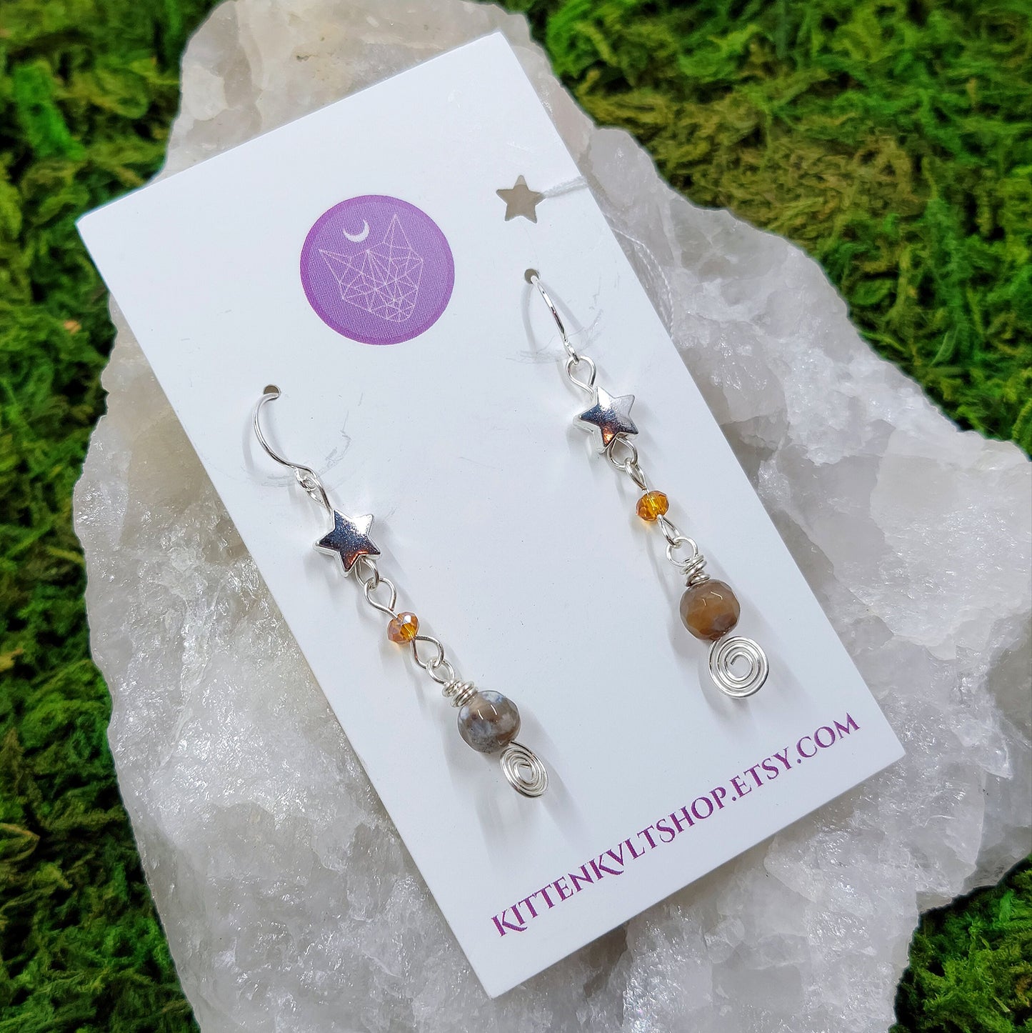 Mystical Celestial Agate Star Earrings, Ethereal Fairy Crystal Earrings