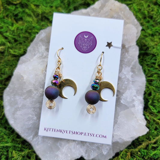 Rainbow Aura Agate Moon Earrings, Celestial Rainbow Crystal Druzy Witch Earrings, Elegant Witchy Fairy Goddess Moon Aura Agate Earrings