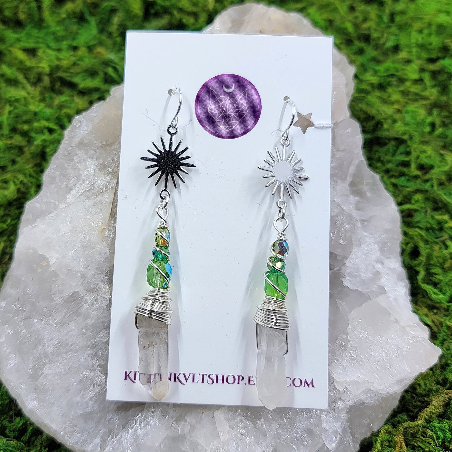 Witchy Celestial Quartz Earrings, Space Cosmic Ethereal Dainty Fairy Witch Earrings, Planetary Crystal Green Witch Earrings