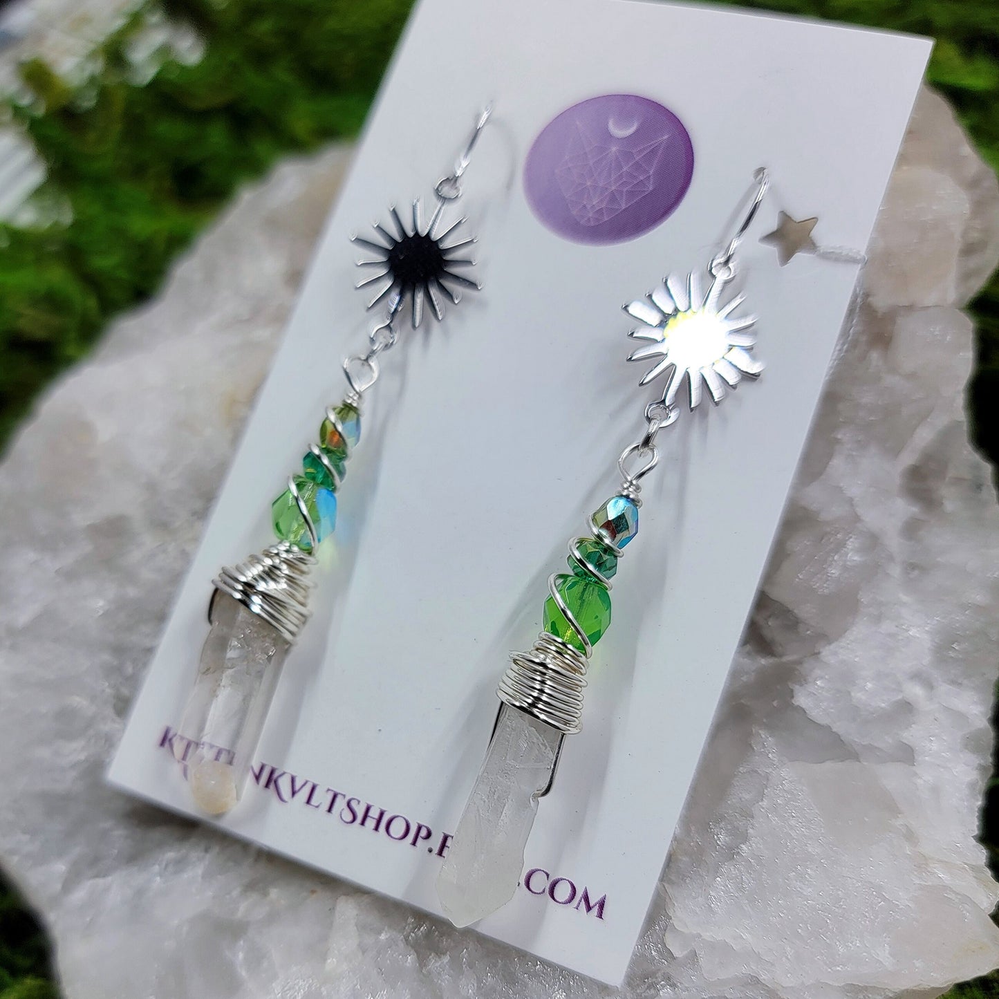 Witchy Celestial Quartz Earrings, Space Cosmic Ethereal Dainty Fairy Witch Earrings, Planetary Crystal Green Witch Earrings