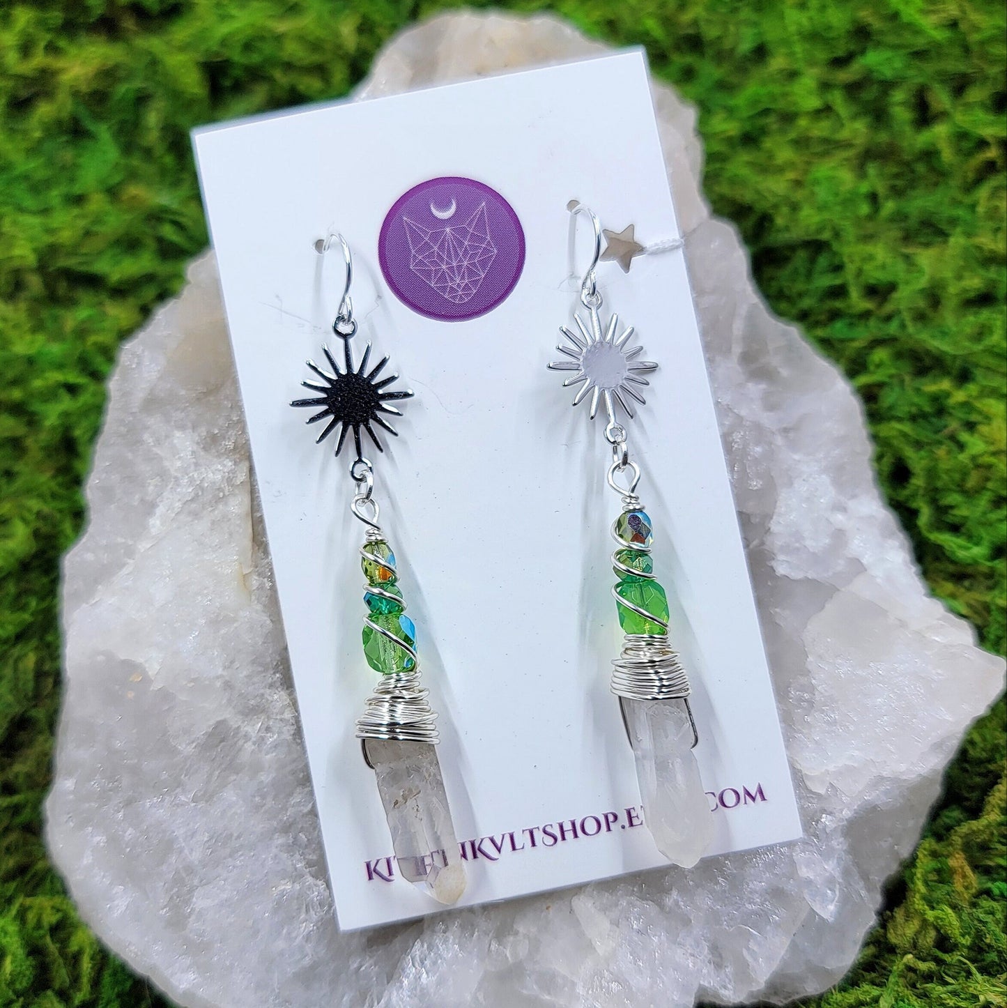 Witchy Celestial Quartz Earrings, Space Cosmic Ethereal Dainty Fairy Witch Earrings, Planetary Crystal Green Witch Earrings