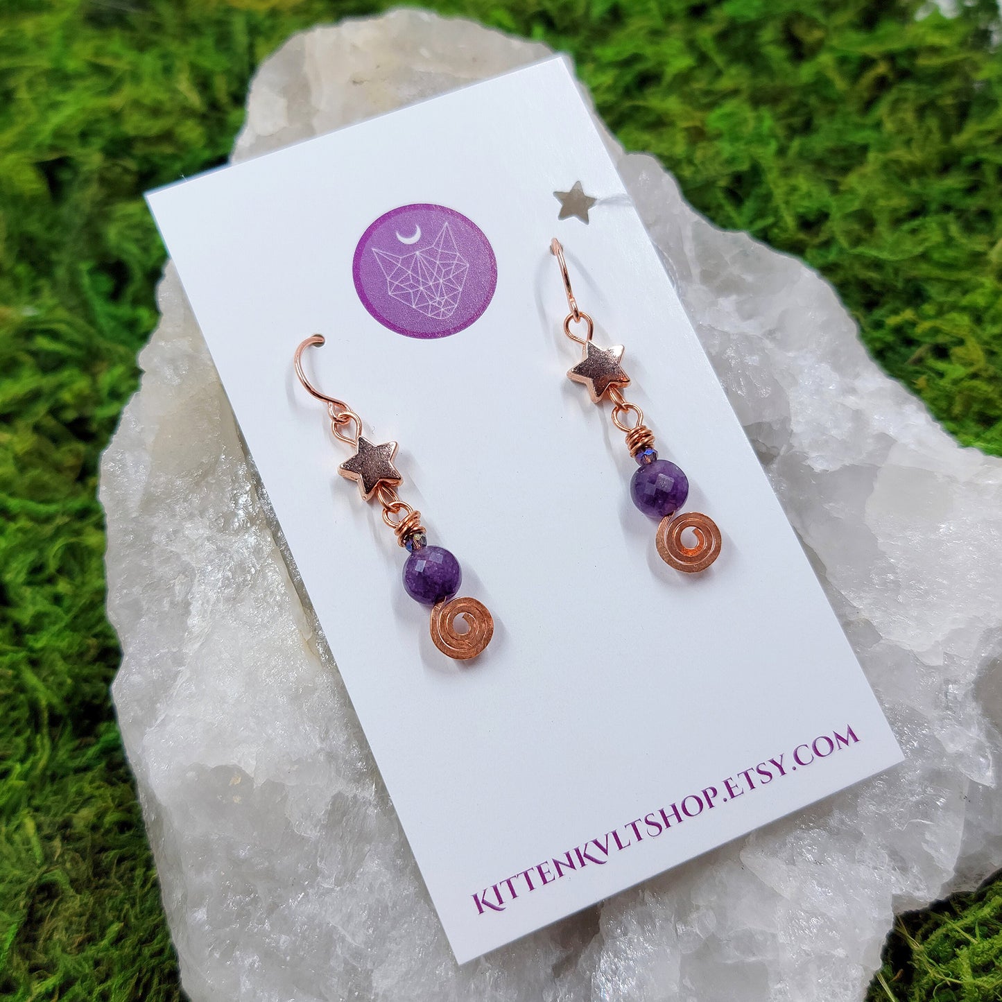 Celestial Witchy Amethyst Earrings, Copper Crystal Dainty Ethereal Fairy Amethyst Earrings