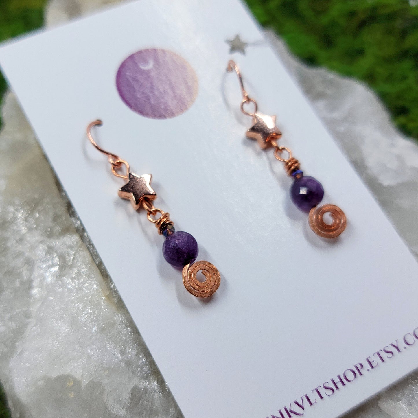 Celestial Witchy Amethyst Earrings, Copper Crystal Dainty Ethereal Fairy Amethyst Earrings