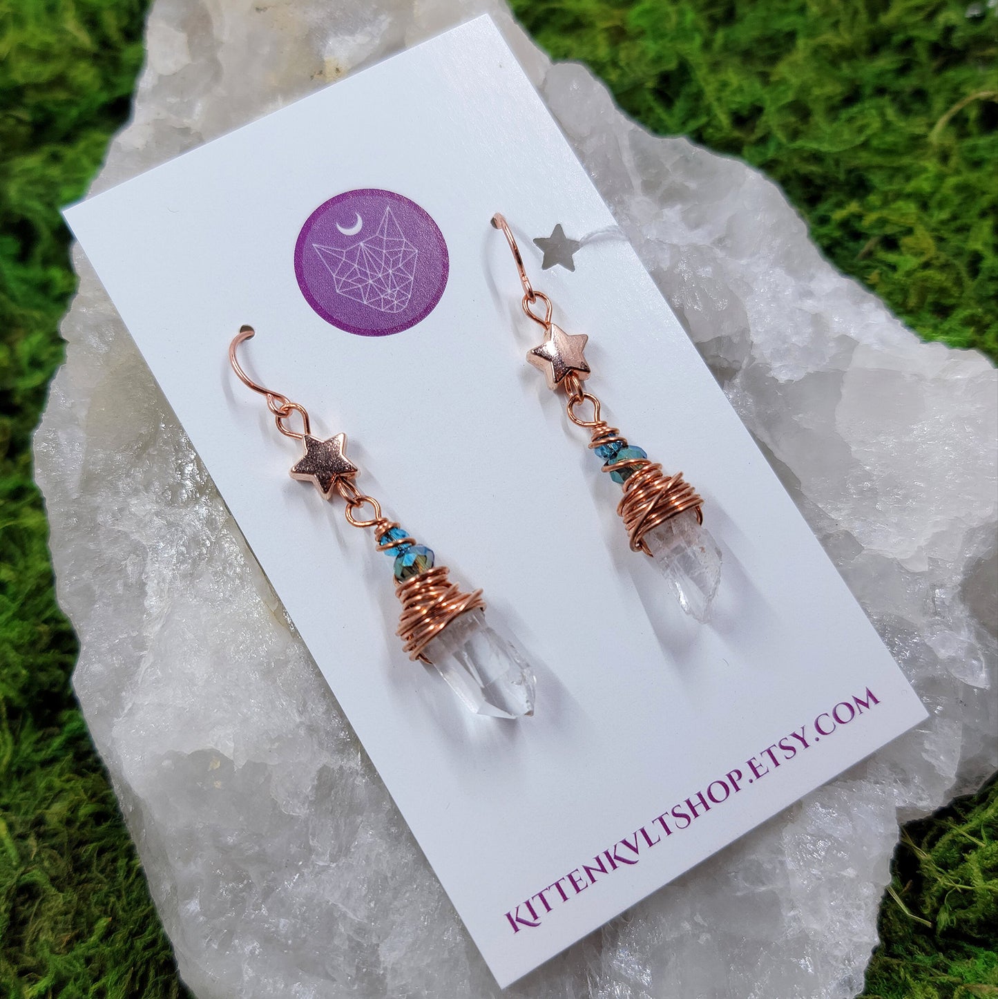 Celestial Witchy Quartz Star Earrings, Copper Crystal Dainty Ethereal Fairy Space Witch Earrings