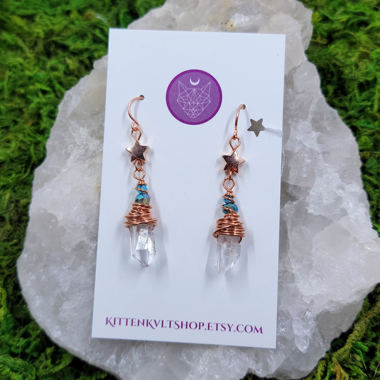 Celestial Witchy Quartz Star Earrings, Copper Crystal Dainty Ethereal Fairy Space Witch Earrings