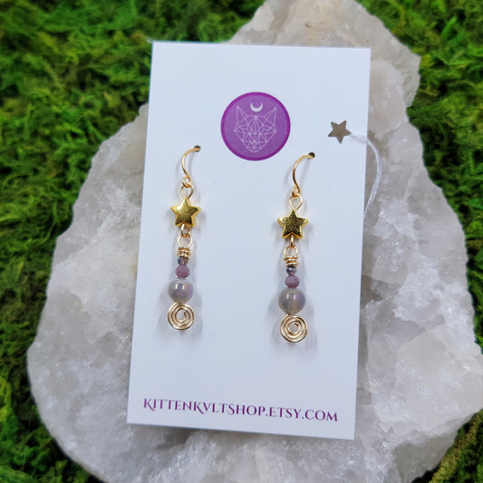 Witchy Celestial Aura Agate Star Earrings, Aura Agate Planet Space Cosmic Ethereal Dainty Witch Earrings, Planetary Crystal Earrings