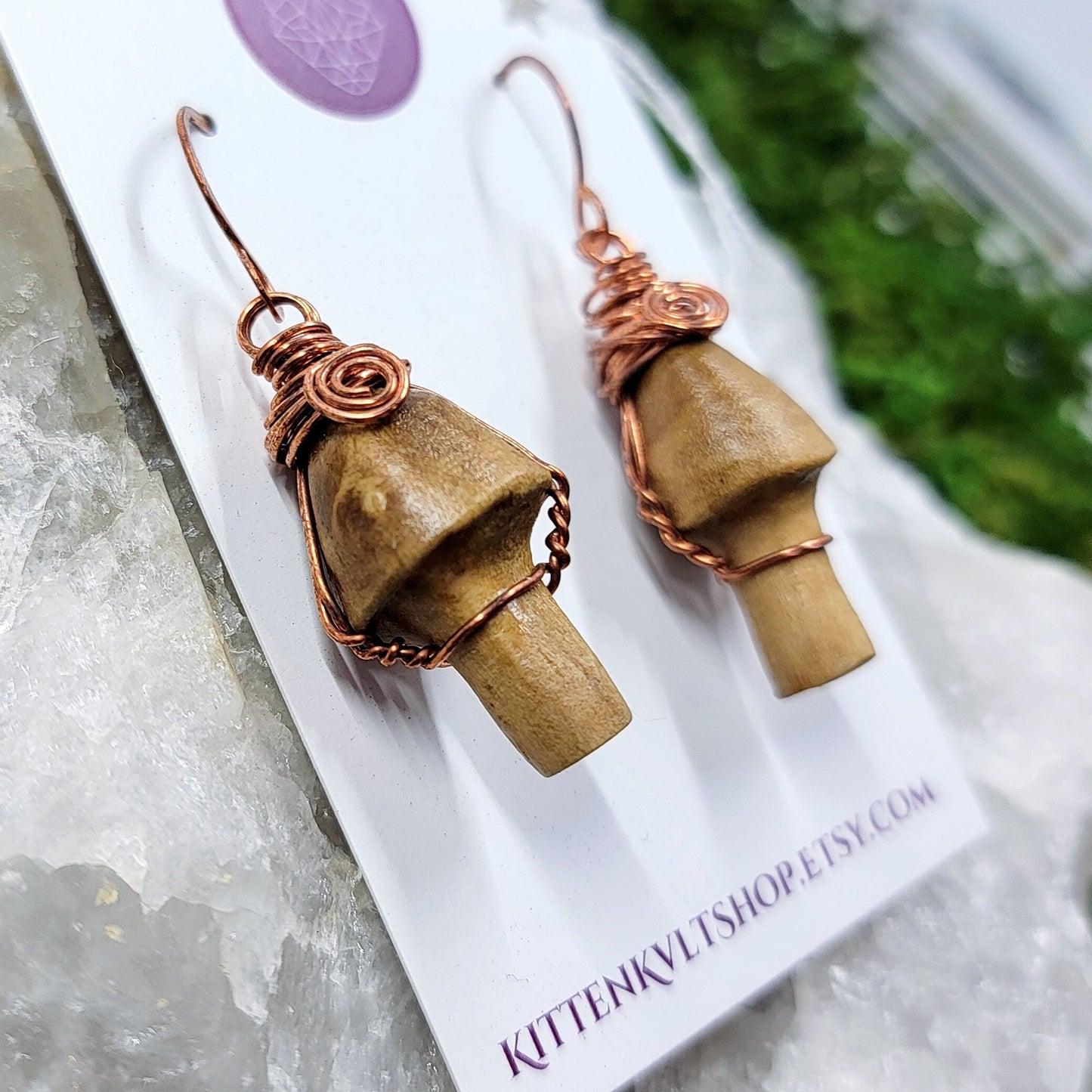 Hand Carved Ash Wood & Copper Mushroom Earrings, Cottage FairyCore Mushroom Earthy Witch Earrings