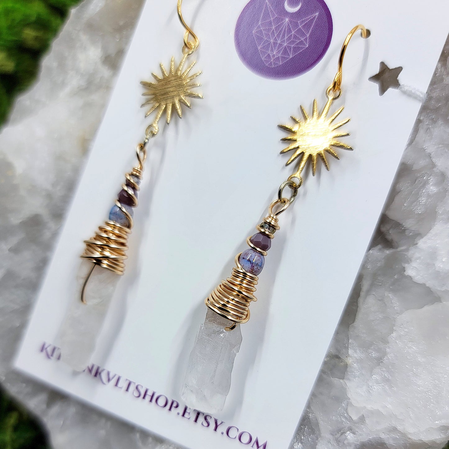 Witchy Mystical Quartz Star Sun Crystal Earrings, Space Witch Cosmic Ethereal Fairy Earrings