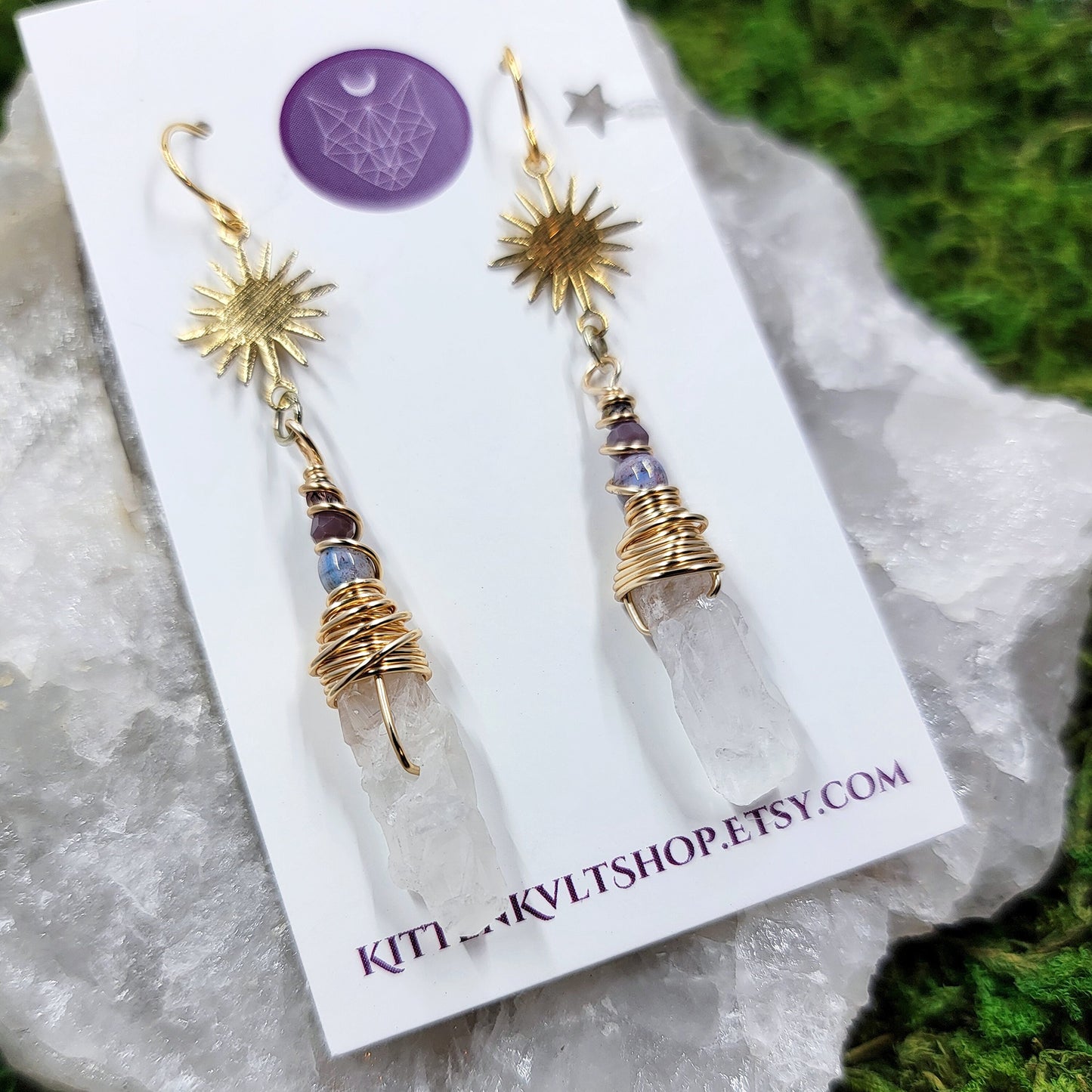 Witchy Mystical Quartz Star Sun Crystal Earrings, Space Witch Cosmic Ethereal Fairy Earrings