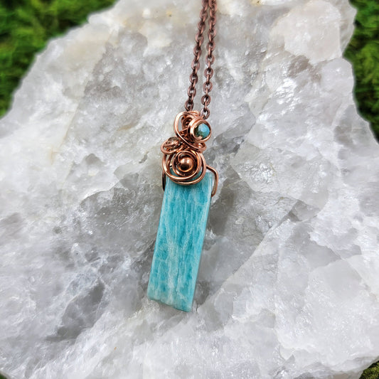 Mystical Witchy Amazonite Wire Wrapped Copper Necklace, Fairy Sea Space Cosmic Witch Ethereal Crystal Pendant