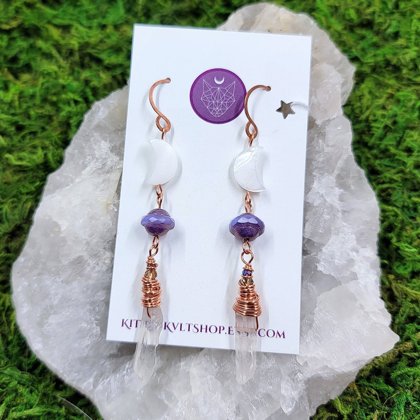 Celestial Witchy Quartz, Copper & Mother of Pearl Moon Earrings, Copper Crystal Ethereal Fairy Quartz Space Cosmic Sea Witch Earrings