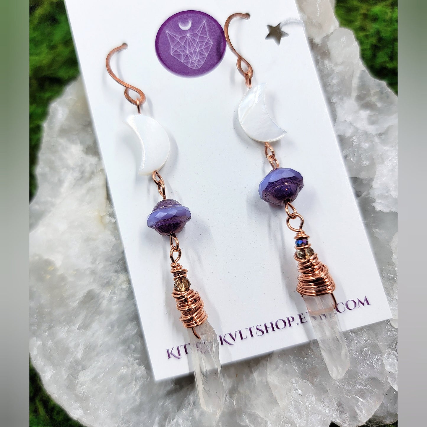 Celestial Witchy Quartz, Copper & Mother of Pearl Moon Earrings, Copper Crystal Ethereal Fairy Quartz Space Cosmic Sea Witch Earrings