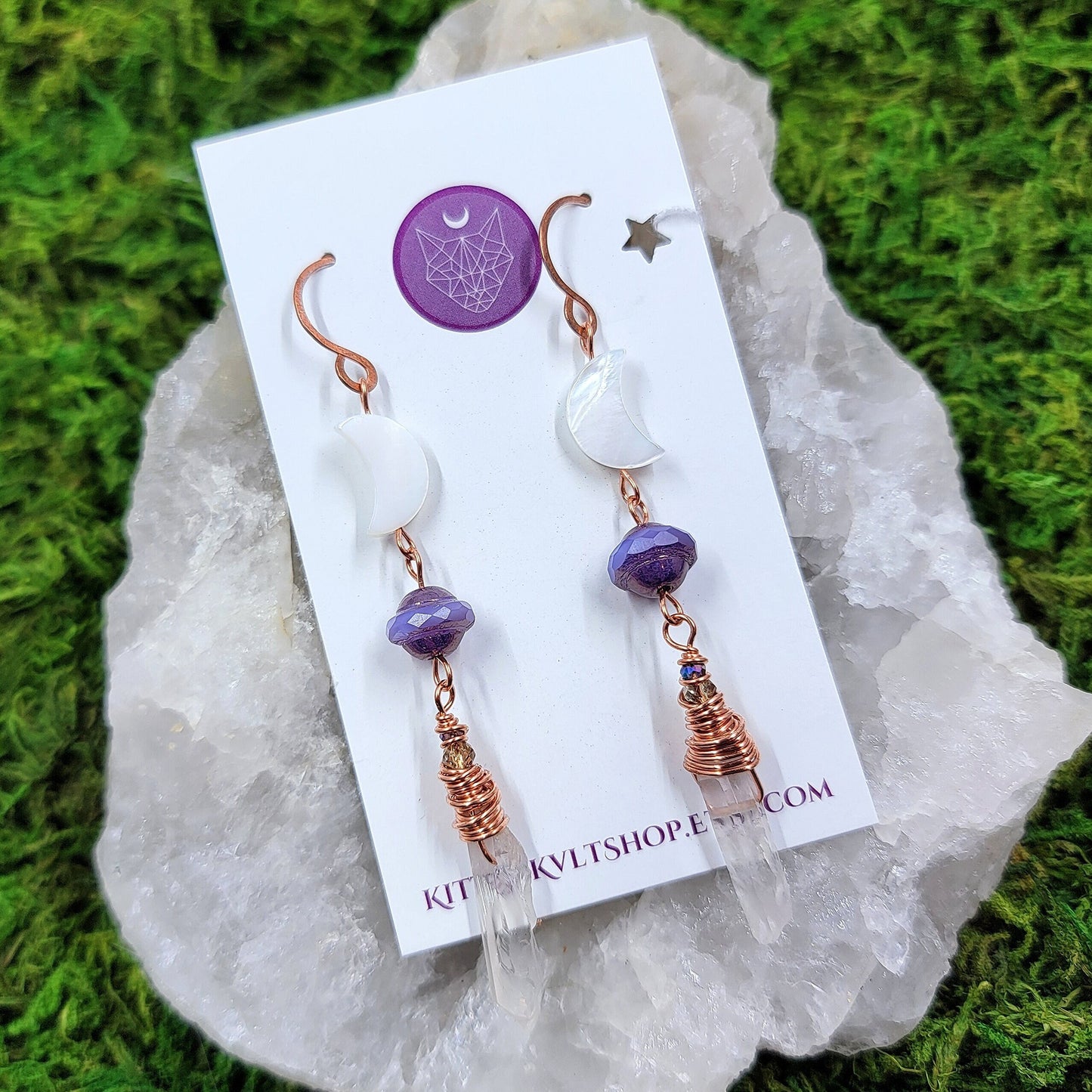 Celestial Witchy Quartz, Copper & Mother of Pearl Moon Earrings, Copper Crystal Ethereal Fairy Quartz Space Cosmic Sea Witch Earrings