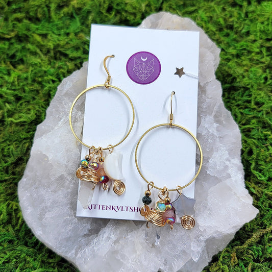 Mystical Celestial Quartz Moss Agate & Shell Charm Earrings, Ethereal Fairy Crystal Earrings