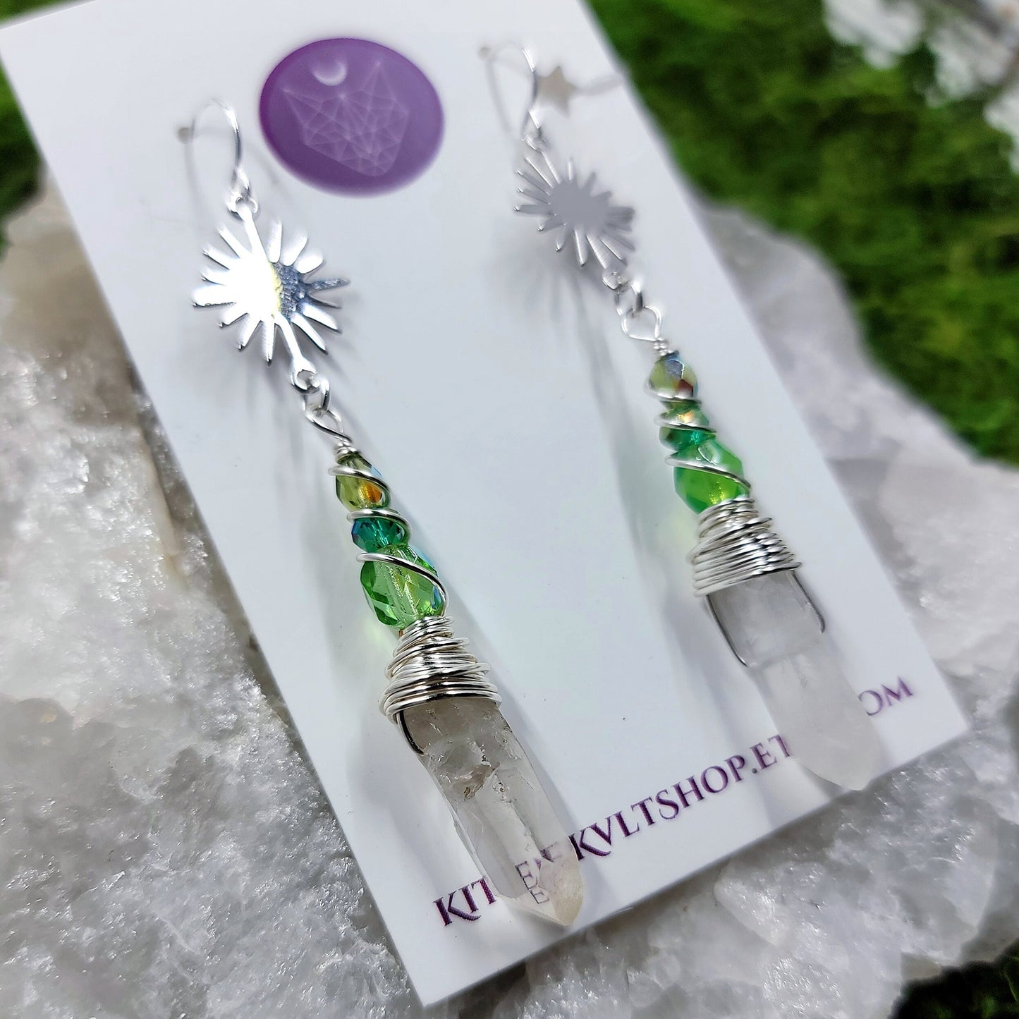 Witchy Celestial Quartz Earrings, Space Cosmic Ethereal Dainty Fairy Witch Earrings, Planetary Crystal Green Witch Earrings