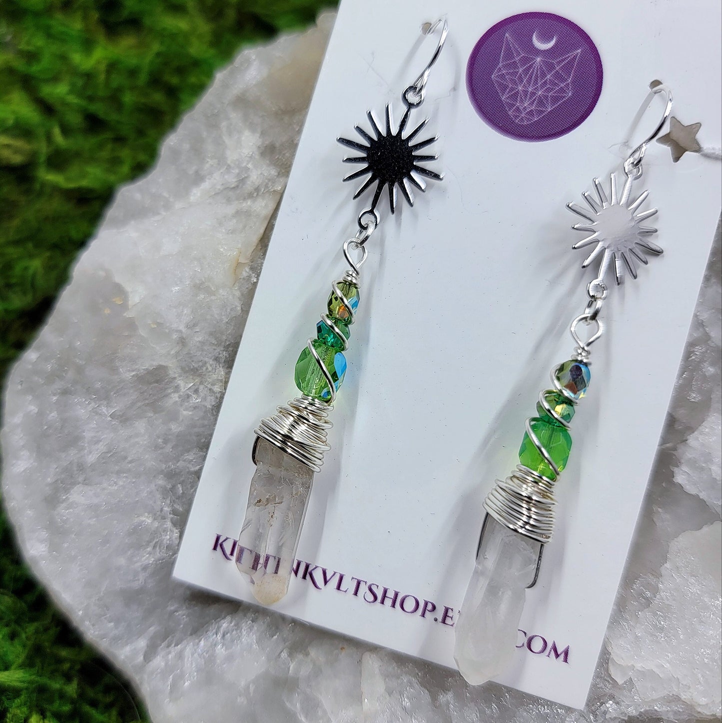 Witchy Celestial Quartz Earrings, Space Cosmic Ethereal Dainty Fairy Witch Earrings, Planetary Crystal Green Witch Earrings