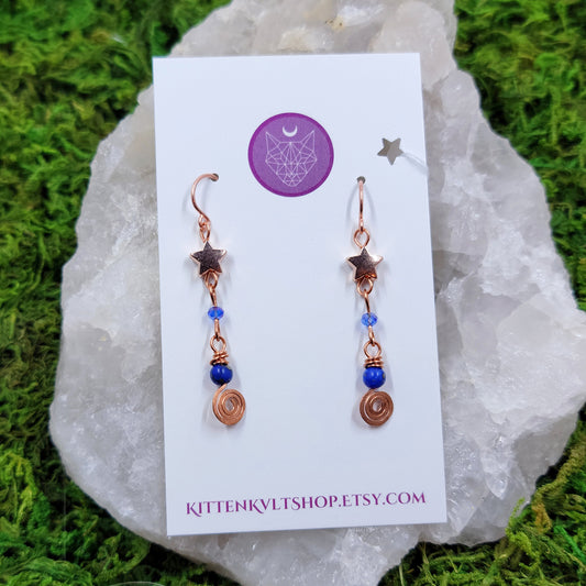 Celestial Witchy Lapis Lazuli Star Earrings, Copper Crystal Dainty Ethereal Fairy Lapis Earrings