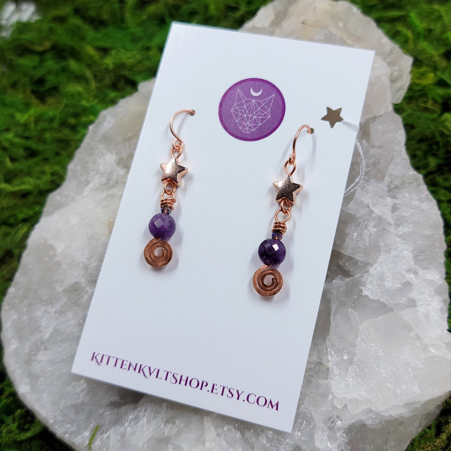 Celestial Witchy Amethyst Earrings, Copper Crystal Dainty Ethereal Fairy Amethyst Earrings