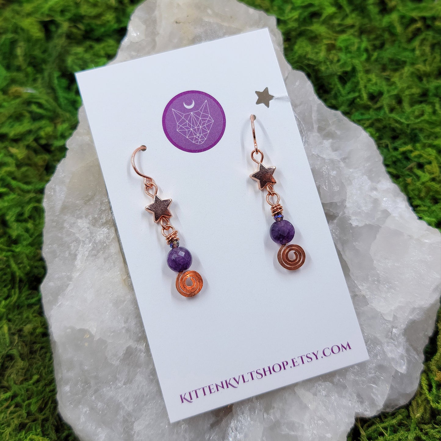 Celestial Witchy Amethyst Earrings, Copper Crystal Dainty Ethereal Fairy Amethyst Earrings